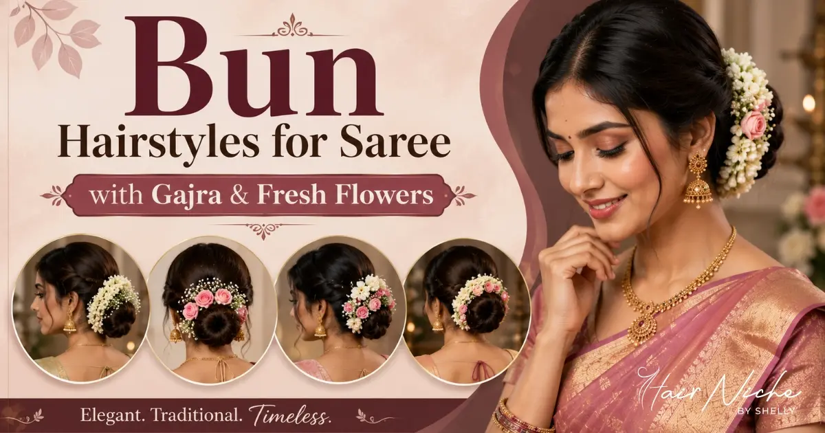 Bun Hairstyles for Saree with Gajra & Fresh Flowers