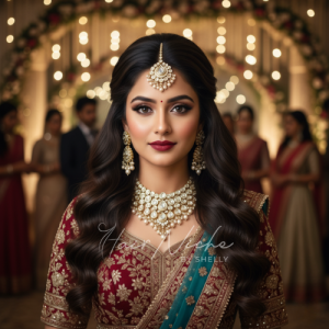 Front-Open Hairstyle with Pearl or Kundan Maang Tikka